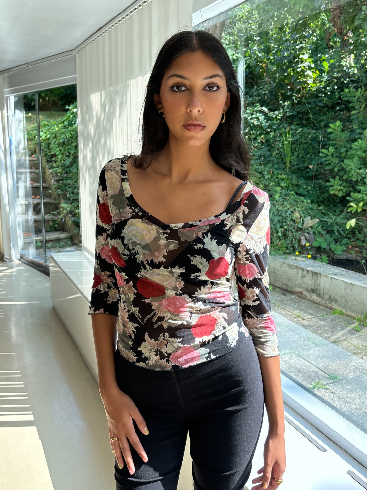 Blumarine Black Floral Mesh Top